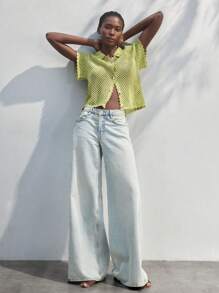 Maija 女士夏季休闲纯色镂空针织开衫，贝壳纽扣，复古夏威夷风格 - 綠色 - 查看 2