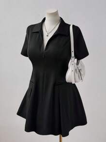 Flirla V-Neck Elegant Short Sleeve College Style Waisted A-Line Dress, Slimming Black Dress For Summer