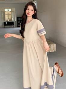 DAZY Women's Casual Holiday Colorblock Striped Dress,Teacher Outfits - Beige - View 3