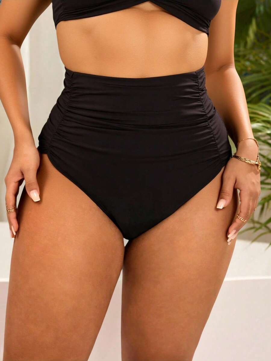 Swim Lushoire Summer Beach Plus Ruched High Waisted Bikini Bottom - Black - View 1