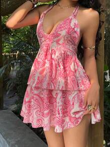 Sunnyshic Vestido mini de mujer de verano casual de vacaciones con estampado de paisley, volantes escalonados y espalda descubierta - Multicolor - Ver 8
