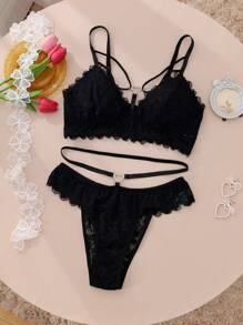 SHEIN 2pcs Lace Sexy Lingerie Set For Women - Black - View 6