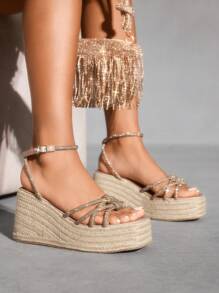 CUCCOO SZL Women's Platform Wedge Sandals With Diamante Straps And Rope Details - Baby Pink - View 5