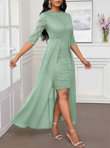 SHEIN Lady Autumn And Winter Christmas Party Dress Elegant Green Lace Round NeckAsymmetrical Flowy - Mint Green - View 3