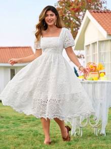 Celure Plus Size Women French Square Collar Romantic Hollow Out Embroidered Cinched Waist A-Line Elastic Hem Maxi Vacation Commute Dress - White - View 6