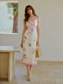 MOTF PREMIUM 缎面优雅罗纹面料花卉印花系带中长连衣裙 - 彩色 - 查看 4