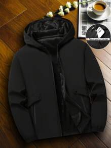 Manfinity Homme Men Plain Long Sleeve Zip Front Casual Hooded Jacket, Fall Outdoor Windbreaker - Black - View 4