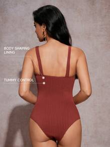 SHEIN Swim 1pc Textured Fabric Monokini Swimsuit, Elegant Minimalist Design With Metal Decor, Slimming Fit For Spring/Summer Beach Vacation - Redwood - View 2