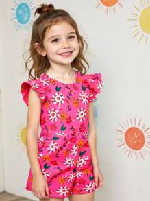 1pc Girl Girls Summer Casual Ditsy Floral Romper, Versatile Daily Wear