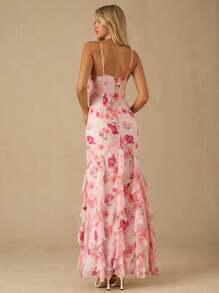 Enchnt 春夏浪漫女士花朵印花细肩带荷叶边下摆长裙，甜美优雅，适合度假、约会、节日、派对、毕业典礼、婚礼宾客和海滩，舞会礼服，女士夏季连衣裙，夏季服装，优雅派对连衣裙，女士夏季连衣裙 - 粉色 - 查看 7
