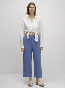 Airaco Quần dài cotton xanh thường ngày cho nữ, màu trơn thời trang, thích hợp cho mùa hè - Màu xanh lam - Xem 3