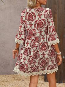 Breezaya 女式碎花V领复古图案蕾丝拼布休闲夏装女式短裙夏季 - 紅色 - 查看 2