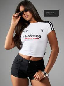 Missguided x Playboy Racing Club Baby Tee Motorsport Fitted Crop Top Street Style Urban Y2K Club Track Racing Sport Aesthetic Summer Festival Short Sleeve Retro Car Racing - White - View 8