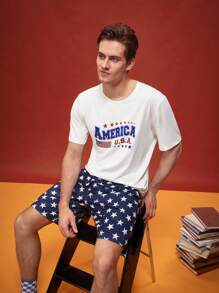 Conjunto de pijama cómodo con estampado divertido de dibujos animados de comida rápida americana como hamburguesaspapas fritas, pizza, perritos calientes para hombre, para el 4 de julio