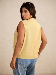 Elaquor Plus Size Women's Solid Color Cable Pattern Single-Breasted Casual Knitted Vest,Business Casual Woman In Fall/Winter - Yellow - View 2