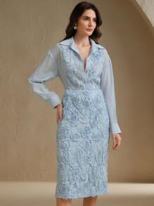 Anewsta Set 2 buc bluză și fustă midi elegante în stil francez, model jacquard texturat în relief, pentru naveta la birou - Albastru - Vizualizare 6