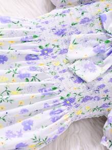 Vestido de manga corta con estampado floral y decoración de lazo para niñas preadolescentes