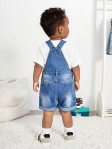 Denimly Toddler Boys Casual Daily Urban Street Style Distressed Design Comfortable Washed Denim Bib Shorts - Medium Wash - View 2