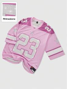 ROMWE MEN Prep Men's Casual Short Sleeve T-Shirt With Numeric Pattern And Ice Hockey Rhinestone Effect - Pink - View 1