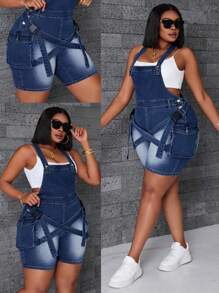 SHEIN SXY Plus Size Women Elastic Skinny Overalls Shorts Crossover Buckle Cargo Design Vintage Washed Skinny Denim Bib Pants Autumn Outfits For Women Festival Outfits Cowgirl Outfits For Women Overall Club Outfits Women Sexy Jumpsuit - Dark Wash - View 1