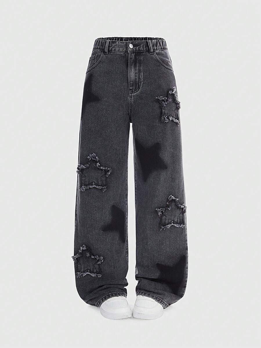 SHEIN Teen Girls Y2K Street Casual Chic Light Wash Distressed Star Embroidered Elastic Waist Loose Jeans, Baggy Y2k Jeans,Tops, School, Campus, College