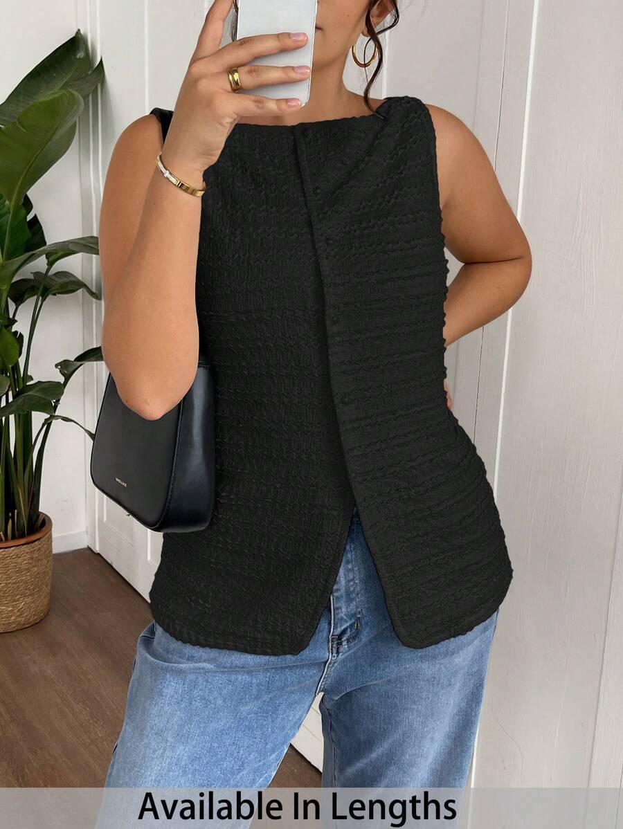 SHEIN Tall CURVE 高个女式方领开襟纽扣无袖纹理横条纹优雅衬衫，收腰修身上衣，通勤简约办公室老款衬衫，简约女式上衣，适合春夏季 - 黑色 - 查看 1