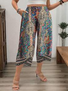 EMERY ROSE Plus Size Women Loose Allover Print Vacation Capri Pants With Pockets, Summer