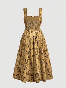 SHEIN MOD Plus Size Apricot Background With Vintage Print, Long Dress With Wide Strap, For Summer,Beach Dress Sundress,Holiday Outfits Boho,Corset Dress For Women