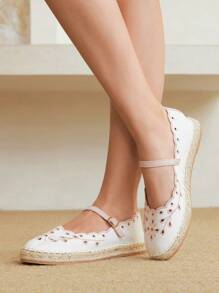 Styleloop Women White Embroidery Round Toe Rope Flats, Casual Vacation Party Date Shoes - White - View 6