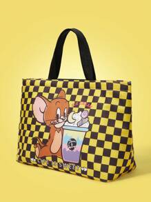 TOM & JERRY X SHEIN Checkered And Cartoon Pattern Lunch Box Bag, For Office Workers And Students