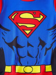 SUPERMAN X SHEIN 男童卡通超级英雄图案蓝红宽松短袖T恤和短裤两件套 - 藍色 - 查看 4