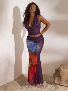 Opulessa 针织网眼印花女式美人鱼裙 - 紫色 - 查看 3