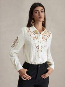 Briarwyn Blusa de manga larga con bajo curvo y encaje de contraste de unicolor, para primavera/verano, verano y playa, 4 de julio, aeropuerto - Albaricoque - Ver 8