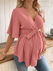 SHEIN V-Neck Blouse With Ruffle Hem And Belt For Maternity