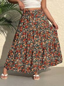 SHEIN EZwear Plus Size Casual Ditsy Floral Elastic Waist A-Line Skirt, Autumn