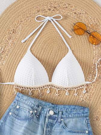 Swim Mod Top de bikini con cuello de halter, textura de tela de unicolor, decoración de tirantes y nudo delantero (cantidad de accesorios aleatoria)