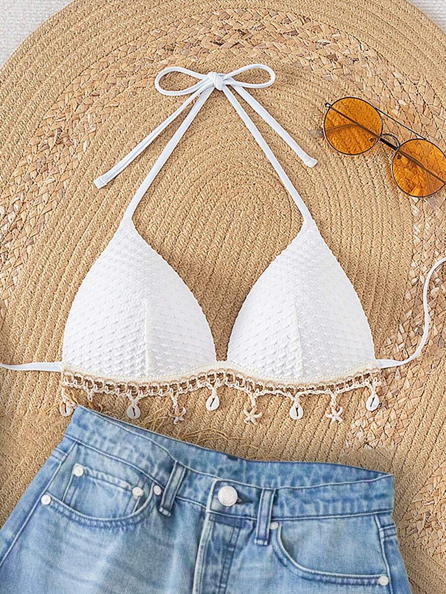 Swim Mod Top de bikini con cuello de halter, textura de tela de unicolor, decoración de tirantes y nudo delantero (cantidad de accesorios aleatoria) - Blanco - Ver 1
