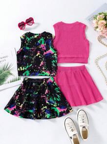 Conjunto de camiseta de manga corta con cuello redondo y falda mini de moda para niña joven en verano - Multicolor - Ver 2
