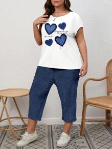 EMERY ROSE 2 pezzi set casual e minimalista con stampa di cuori blu nautico, adatto per vacanze estive in taglie forti
