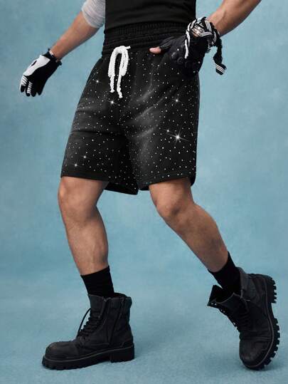 Street Life سراويل قصيرة رخوة مغسولة مرصعة بالراين ستون للرجال ذوي الحجم الكبير