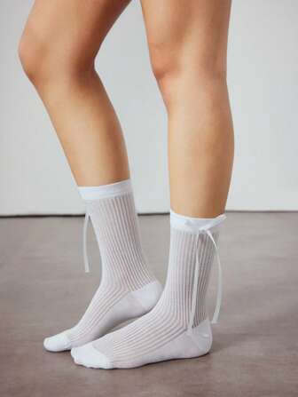 Kawaii 1 Paio di calze bianche casual sopra il ginocchio con decorazione a fiocco per le donne