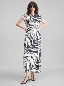 Ontre Vestido con estampado elegante y urbano, cuello redondo y mangas acampanadas, apropiado para otoño, Día del Maestro, Día de la Independencia, vestido largo, ropa de verano, material de crepé, vestido para ir a la oficina, nueva colección 2025