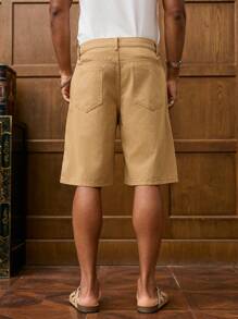 Manfinity Homme 男式宽松休闲百慕大褶皱牛仔短裤，带口袋 - 卡其色 - 查看 2