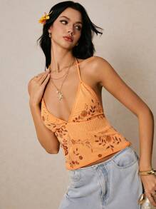 Poéselle 女士深 V 领迷人修身亮片橙色吊带背心 - 橘色 - 查看 7