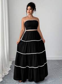 Elenzga 2pcs/Set Plus Size Women Vacation Layered Wave Pattern Crop Top And Skirt - Black - View 4