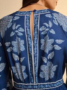 CAJUNI Monos de pantalón harén con cuello en V, manga larga y espalda abierta con estampado floral y de plantas tropical azul bohemio para vacaciones de mujer - Multicolor - Ver 4