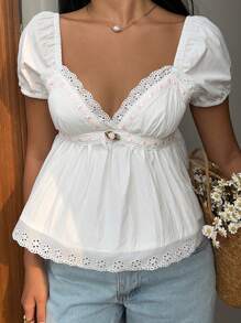 Sunnyshic Women's Vacation Lace Splice Puff Short Sleeve V-Neck Shirt, Summer - White - View 8