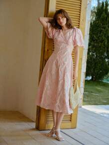 MOTF PREMIUM V-NECK JACQUARD KNOT MIDI DRESS - Pink - View 4