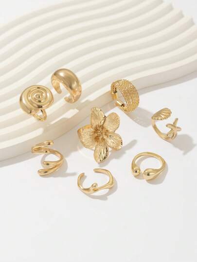 Goth 8pcs/Set Fashion Ocean Style Rings, Shiny Starfish Shell Flower Geometric Metal Open Rings, Gold, Gifts For Women/Daughter/Wife
