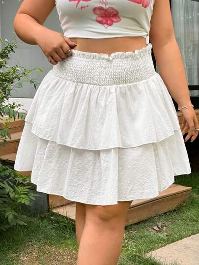 SHEIN EZwear Plus Size Women's Summer White Ruffled Layered Woven Fabric Elastic Waist Ruffle Trim High Waist A-Line Short Skirt